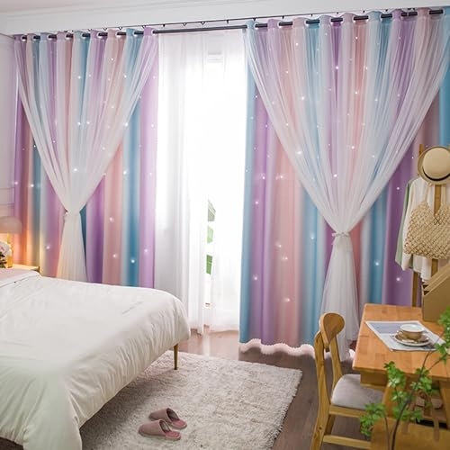Yancorp Vorhänge für Mädchen, Schlafzimmer, Kinderzimmer, bunt, Fenstervorhang, 160 cm Länge, Raumverdunkelung, Ösen, 2 Schichten (Rosa Lila, B 132 x L 63 cm)