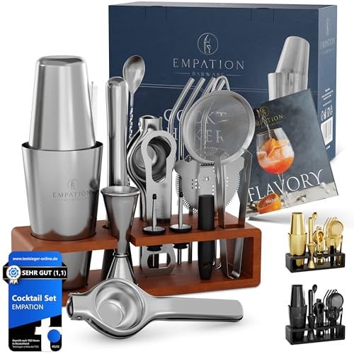 EMPATION Cocktail Set [TESTSIEGER] 825ml Boston Cocktail Shaker aus Edelstahl, leicht zu öffnen & kein Verklemmen, Profi Shaker Set mit Ständer & Rezeptbuch, Mix Set für Barkeeper