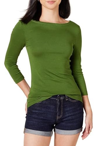 Amazon Essentials Women's Slim-Fit 3/4-Sleeve Boat-Neck T-Shirt, Green, XL