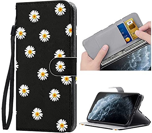 ZhuoFan for iPhone SE 2020/7/8 Case With Card Holder Wallet Case Shockproof Shell Premium PU Leather Flip Slots Magnetic Kickstand Protective Cover for iPhone 8/7 / SE 2020 4.7, Black Daisy