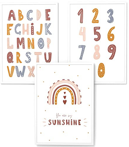Papierschmiede® Kinderbilder 3er Set Lernposter, A3 gerahmt in Holzrahmen (weiß), Geschenk für Mädchen & Jungen Kinderzimmer, bunte Buchstaben Einschulung rosa beige, Sunshine ABC Numbers