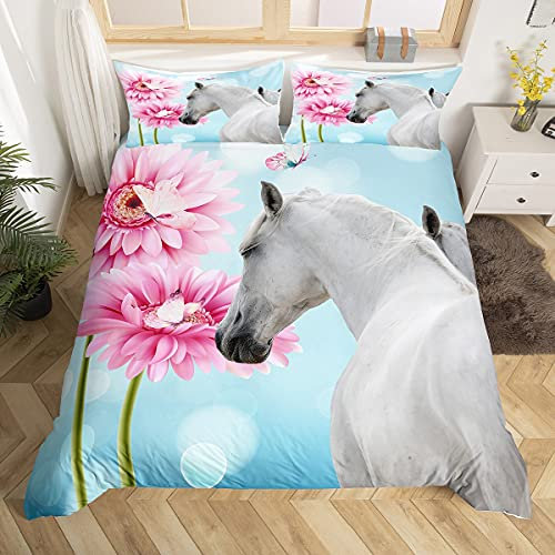 Filles Cheval Blanc Parure de Lit 140x200cm pour Enfants Femmes Fleur Rose Fleurs Florales Décoratif 3D Motif Animal Sauvage Housse de Couette Papillon Faune Style Parure Housse de Couette 2Pcs