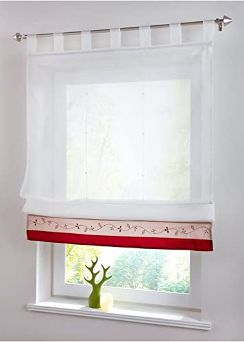 Devola Voile Raffrollo transparent Raffgardinen mit Schlaufen Blumenmuster Stickerei Fenstergardinen Faltvorhang Modern Rollo Küchengardine Tür Vorhänge BxH 140x155cm Rot 1er Pack