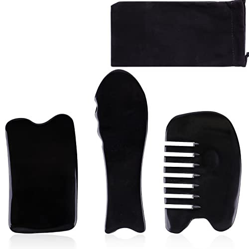 Gua Sha, 3 Stück Natürliches Büffelhorn Gua Sha Schaber mit Taschen, GesichtsYoga Gua Sha Planke zum Massieren von Gesicht und Hals, Massagewerkzeug Schönheitswerkzeug in 3 Formen (Schwarz)