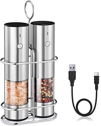 Rechargeable Electric Salt and Pepper Grinder Set with Holder - Nicely Packaged Giftable - No Battery Needed - Automatic Pepper Mill & Adjustable Coarseness & LED Light Refillable - Stainless Steel