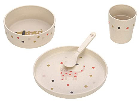 LÄSSIG Juego de vajilla infantil (plato, bol, taza, cuchara) sin BPA para lavavajillas y microondas/Dish Set PP/Cellulose Little Mateys spicy orange