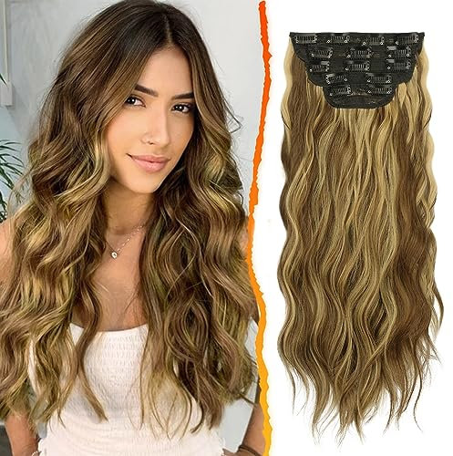 BARSDAR Clip in Extensions, 5 PCS Lange Wellige Clip in Haarverlängerungen Dickes Natürliches Weiches Synthetisches Haarteil Für Frauen Mädchen -45 cm, Goldblond mit Tabakblonden Highlights