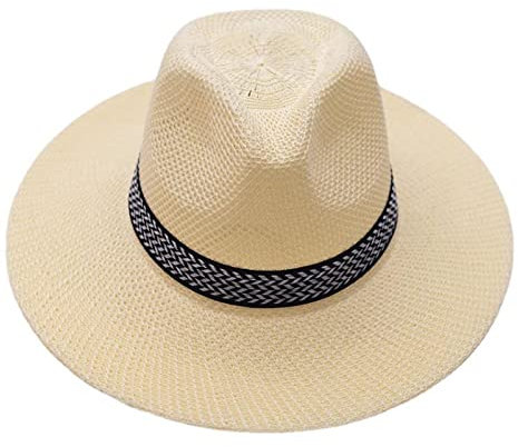 XIXIMAON Sombrero de paja Panamá de ala ancha para hombre con cinta trenzada negra, sombrero de sol, sombrero de pesca, sombrero de playa para vacaciones, beige, Talla única