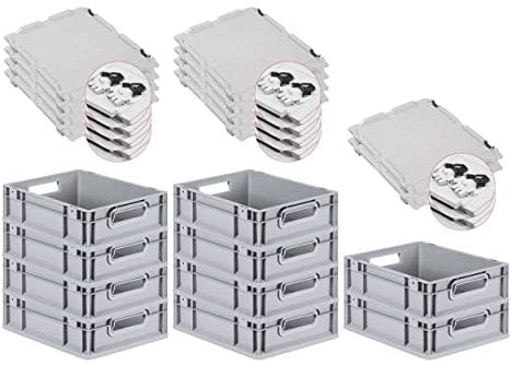 PROREGAL SuperSparSet 10x Eurobox NextGen Grip mit Scharnierdeckel und schwarzen Schiebeschnappverschlüssen, HxBxT 12x30x40cm, 11 L, Grau, Griffe offen, Eurobehälter, Transportbox