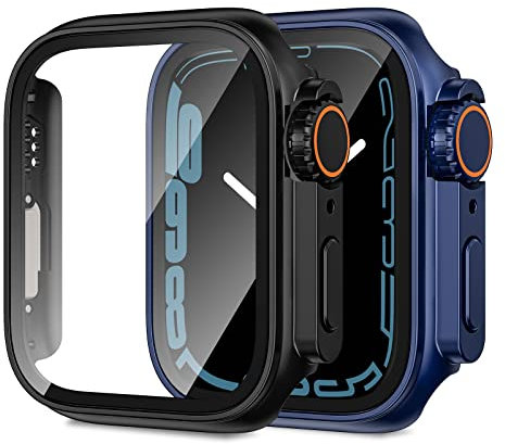 Neitra [2Pack] for Apple Watch Screen Protector Series 7 & 8 & 9 41mm Accessories, Hard PC Case Built-in Tempered Glass Film Bumper Face Cover Compatible with iWatch9 iWatch8 iWatch7 - Black+Blue
