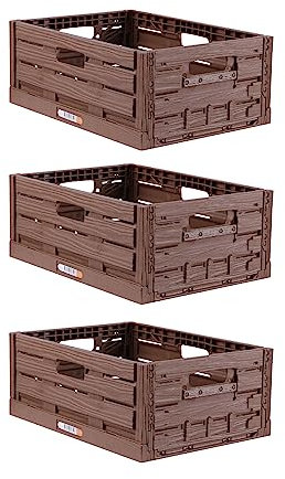 Bestlivings Stabile Faltbox 3er Pack Holzdesign 40 x 30 x 16,3cm ( LxBxH ) Stapelbarer Faltbarer Einkaufskorb 16L - Robuste Klappkiste - Gemüsekiste Obstkiste