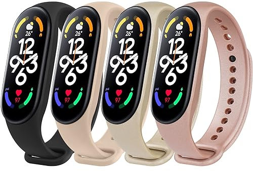 Tobfit 4 Piezas Correa Compatible con Xiaomi Mi Band 7 para Mujer Hombre, Pulsera de Silicona Clásica, Correas de Tamaño Ajustable, Pulseras de Repuesto Sport Comfort para Xiaomi Mi Smart Band 7