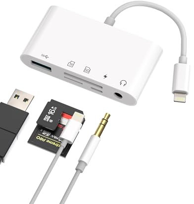 Lightning to 3.5mm Headphone Jack SD TF Card Reader USB OTG Charger Adapter(5in1)for Apple IPhone Ipad Micro SD Camera Memory Stick Flash Drive Mouse Keyboard Dongle AUX Audio Charging Cable Splitter