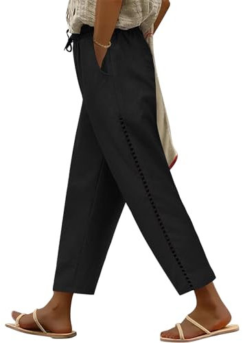 CMTOP Leinenhose Damen Weite Freizeithose mit Kordelzug und Taschen 7/8 Elastische Gerades Bein Sommerhose Bequeme Strandhose aus Baumwolle(Schwarz,XL)