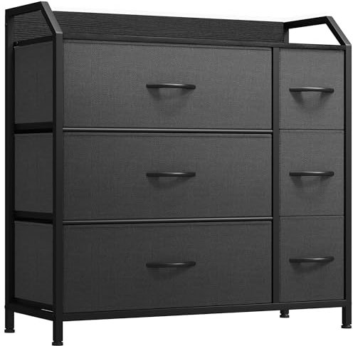 YITAHOME Kommode, 6 Stoffschubladen mit Griffen, Aufbewahrungsschrank, Schubladenschrank, Schrank, Metallgestell, stoffkommode für Schlafzimmer, für Wohnzimmer, Flur, Büro, Schwarz Grau