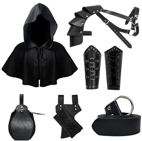 LLTTEER Accessori per cavalieri medievali, Set di accessori retrò per cosplay per uomo, mantello medievale con cappuccio, gurtel e bracciali, borsa da cintura (Nero)