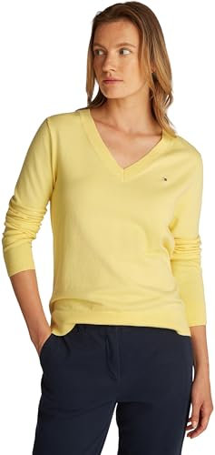 Tommy Hilfiger Damen Pullover Jersey V-Neck Strickpullover, Gelb (Citronella), XS