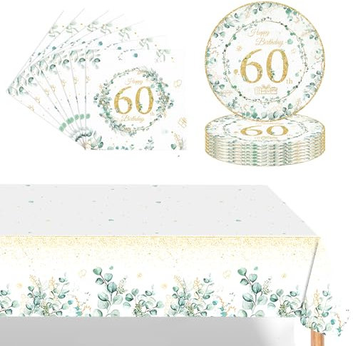 POPOYU 37Pcs Sage Green 18th Birthday Tableware Set,18th Birthday Plates and Napkins,18thBirthday Table Cloth,Eucalyptus Table Decorations for Men,Women,Him,Her 18thBirthday Gifts Party Supplies