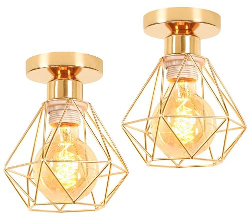 TOKIUS 2 Stücke Deckenlampen, 16CM Vintage Deckenleuchte im Industrial Design Retro Lampe aus Eisen Käfig E27 Fassung Pendelleuchte Deckenlampe für Flur Eingang (Gold)