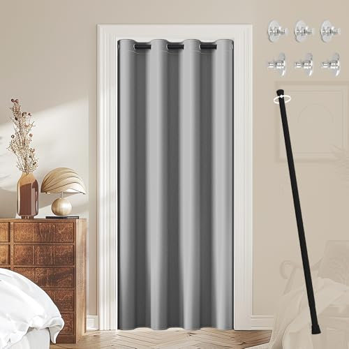 JCyh Türvorhang mit Stange und Magnetknopf, Vorhang Blickdicht mit Ösen für Wohnzimmer, Tür Vorhang innen ohne Bohren, Türvorhang Silbergrau + Teleskopstange Schwarz 70-125 cm