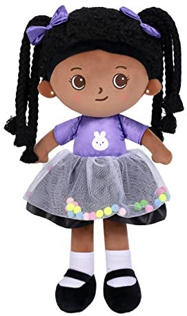 OUOZZZ Baby Puppe, Weiche Stoffpuppe Mädchen mit Zopf, Afrikanische Stoffpuppen Kuschelpuppe für Kinder ab 3 Monaten - Baby Geschenk zur Geburt Mädchen Jungen, 38cm
