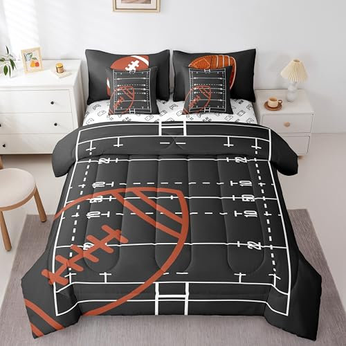 Wende-Bettwäsche-Set, Motiv: American Football Field, 7-teilig, volle Größe, Jungen, Ball, Sportspiele, Braun, Rugby-Handschuhe, Sportausrüstung, Bettwäsche-Set mit Bettdecke, Spannbetttuch und