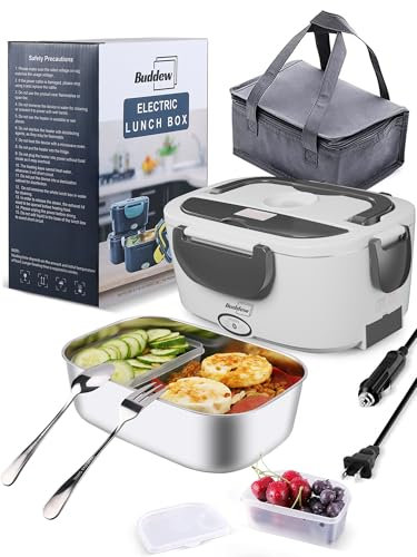 Buddew Electric Lunch Box 80W Lunch Heater for Adults, 12/24/110-230V Portable Food Warmer for Travel & Work, 1.5L, Loncheras para Hombres de Trabajo (White+Gray Handle)