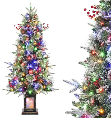 125cm Weihnachtsbaum Künstlich mit Beleuchtung, 4ft Künstlicher Weihnachten Baum mit 150 Warmweißen und Mehrfarbigen LED Lichtern 9 Modi PVC Zweigspitzen Retro Beleuchteter Topf für Haus Büro