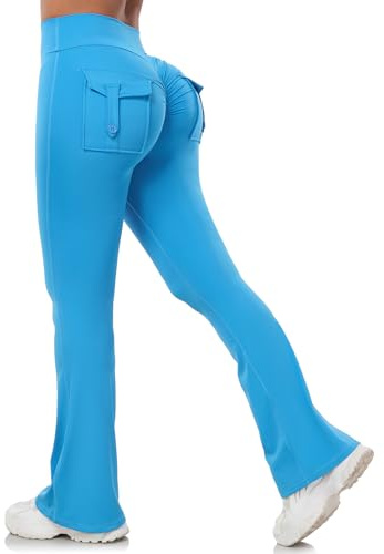 Aerides Flared Leggings for Women Scrunch Bums Leggings with Pockets High Waist Yoga Pants Sports Bootcut Trousers for Gym Workout Casual (Blue, M)