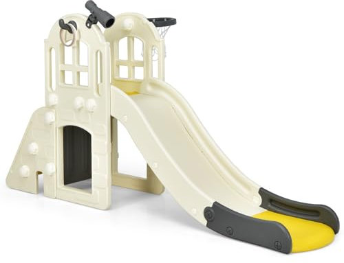 HOMASIS 6 in 1 Kinderrutsche Indoor & Outdoor, Kinder Rutsche mit Basketballkorb, Kletterleiter, Ringwurf, Tunnel, Teleskop, Babyrutsche Spielplatz Gartenrutsche für Kinder ab 3 Jahren (Gelb)