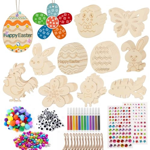 WOGOPRO Ostern Basteln Holz, 264 Stück Osterdeko Basteln Kinder, Holzanhänger Ostern zum Bemalen, DIY Anhänger Osterhase Ostereier Küken, Mit Aquarellstift, Strass, Deko Schnur