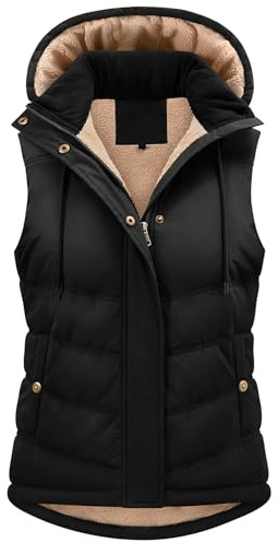 Tuopuda Women's Quilted Gilet for UK Body Warmer Zip Thick Fleece Vest Ladies Bodywarmers Stand Collar Vest with Removable Hood Waistcoat Sleeveless Jacket for Spring Fall Winter, Black, XL