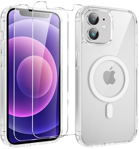 Yoedge Magnétique Coque pour Apple iPhone 12 Mini 5.4 avec 2 Pièces Protection Écran en Verre Trempé, Compatible avec MagSafe,Transparent Antichoc Silicone TPU Etui Bumper Housse pour iPhone 12 Mini