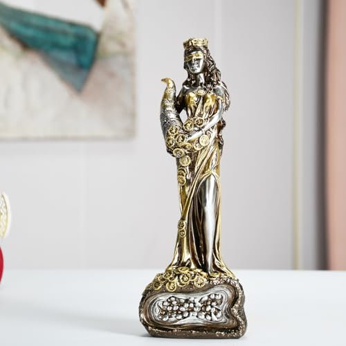 Tyche Fortuna Freya on Treasure Statue aus Kunstharz, alte Göttin des Glücks, Skulptur mit Füllhorn und Rad, Büro-Schreibtisch-Altar für Reichtumssegen, Sammlergeschenk für Mythologie-Liebhaber, Gold