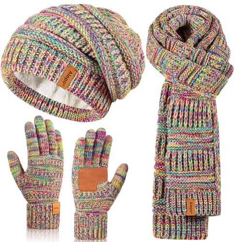 Winter Beanie Hat Scarf Gloves Set for Women, Slouchy Beanie with Fleece Lined Long Knit Scarf Touchscreen Gloves, Warm 3 in 1 Stocking Stuffers Set for Women Mom Her Cold Weather-02