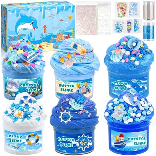 AMCHLEL 6 Pezzi Fluffy Butter Slime Set, Blu Crystal Slime per Bambini, Butter Slimes Set, Putty Giocattoli, DIY Slime Morbido ed Elasticizzato per Bambine e Bambini Feste Regalo (Blu)