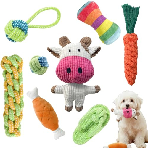 GYHWOFUL Hundespielzeug Set für kleine Hunde & Welpen, 8-teiliges Welpenspielzeug mit Quietschspielzeug & Baumwoll-Kauspielzeug, 3 Plüsch + 5 Seile, Robust & Waschbar – Hundezubehör & Hunde Geschenke