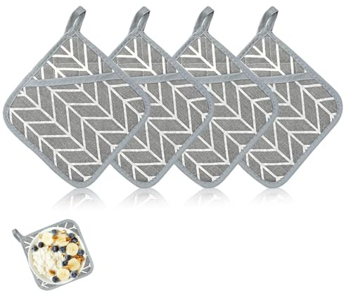 4 Stück Topflappen aus Baumwolle, 17x17 cm Topflappen Set aus Baumwolle mit Tasche, Waschbare Schutzlappen mit Rutschfesten für Öfen, Küche Backen, Grau