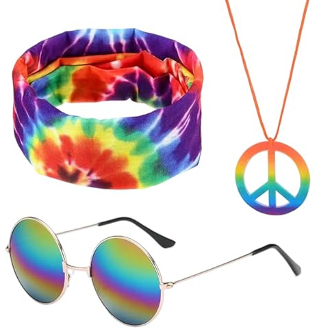 BOGCLEE 3 Stück Hippie Kostüm Set, 60er 70er Jahre Outfits Erwachsene Bunt Kleidung, Hippie Accessoires, Halskette Peace Zeichen Sonnenbrille Kostüm Verkleidung Kostümzubehör
