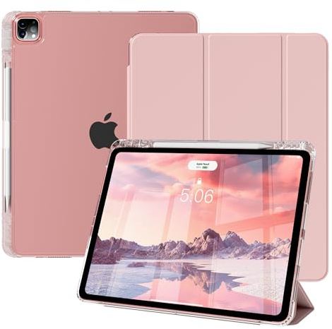 ZOPSGYU Case for iPad Air 13 Inch (M4 2026/M3 2025/M2 2024) | iPad Pro 12.9 Inch 6th/5th Gen (2022/2021) with Pencil Holder, Y Folding Stand Cover with Hard Clear PC Back, Pink
