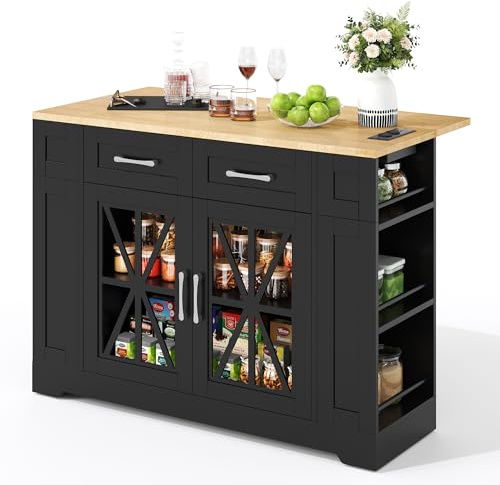 Isla De Cocina Con MDF, Mesa Abatible y Enchufes Integrados, Carro De Cocina Con Puertas De Cristal y Estantes Abiertos, Isla Móvil Para Cocina y Comedor, Negro y Natural, 120.0 x 40.0(65.0) x 92.0 cm