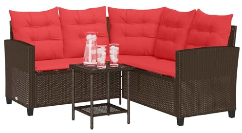 vidaXL Outdoor-Sofagarnitur mit Kissen 2 pcs Braun und Rot Poly-Rattan, Outdoor Sofagarnitur, Moderne Gartenmöbel, wetterfest, abnehmbare Bezüge, UV-beständig, Lounger für den Garten