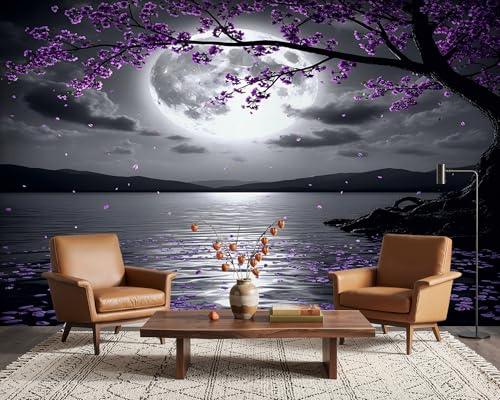 PaxGloz Purple Blossom Tree Wall Mural, Full Moon Night Landscape Wallpaper for Living Room & Bedroom, Non-Woven Decorative Wall Art 350x256 cm