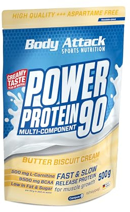 Body Attack POWER PROTEIN 90 Butter Biscuit Cream 500 g | Mehrkomponenten Protein Pulver, Made in Germany, mit BCAA, Vitaminen & L-Carnitin, Protein Shake extra cremig