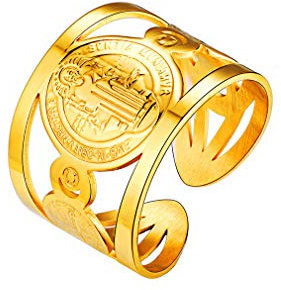 FaithHeart Edelstahl 18k vergoldet plattiert Saint Bendict Ring verstellbare Ring mit Geschenkebox für Mama und Papa
