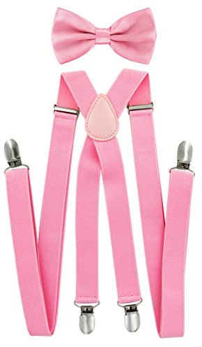 axy Herren Hosenträger mit Fliege - 4 Starken Clips X-Form (Pink (Hosenträger Breit 2,5cm))