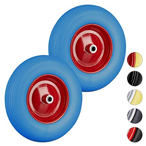 Relaxdays Roue de brouette 4.80 4.00-8, Lot de 2, Roue Caoutchouc, Roue de Secours, Jante, pneus Diable 100 kg Charge, Bleu, Rouge