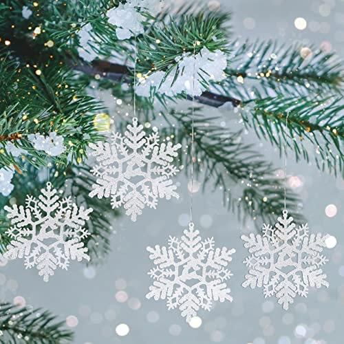 LIHAO 24 Stück Schneeflocken Anhänger Glitzer Weihnachtsbaumschmuck Deko Weiß Schneeflocken Ornamente Weihnachtsanhänge für Advent Weihnachtsbaum Weihnachtsfeier