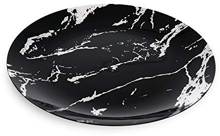 Pack of 10 Black and Silver Hard Plastic Reusable Plates ~ Marble Design Plastic Dinnerware-Ideal for Weddings and Parties. (10 Plates)