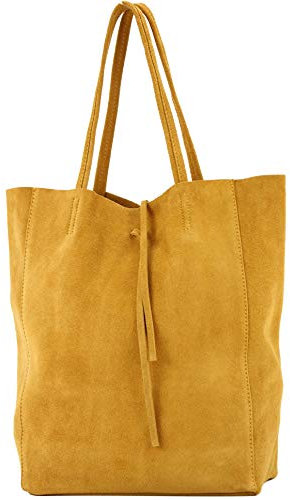 modamoda de T163 Damen Leder Shopper Schultertasche Large mit Innentasche handmade in Italy, Farbe:Senfgelb Wildleder